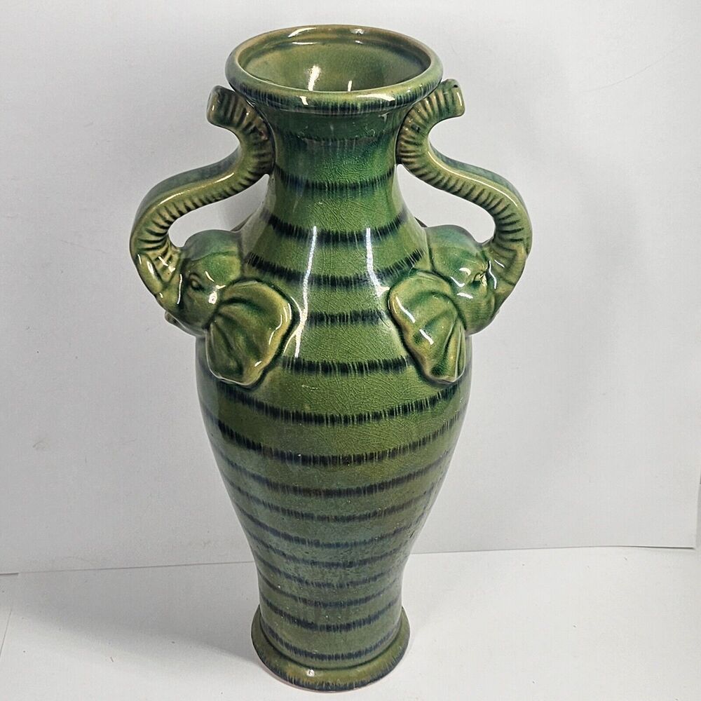 Elephant Head Handle Vase Green Bamboo Crackle Glaze Vintage 14"